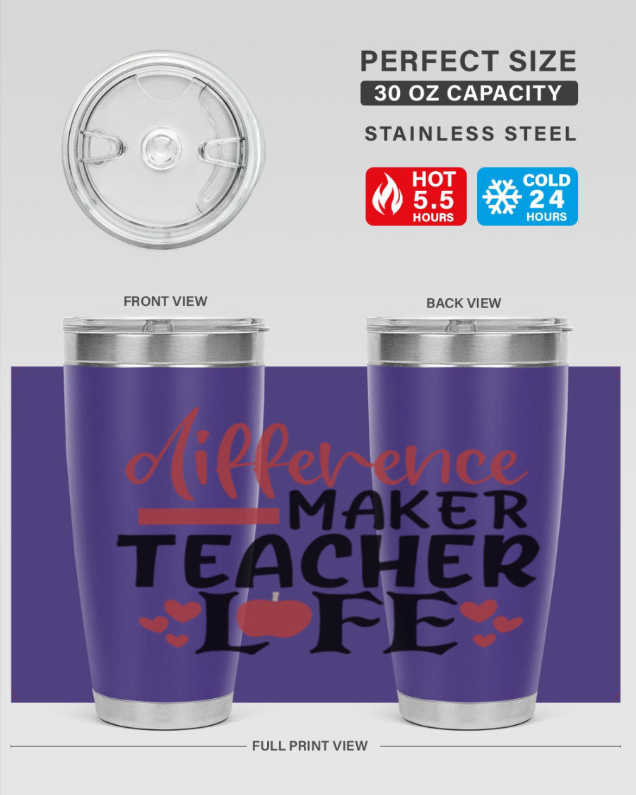 Difference Maker Teacher Lifestyle Tumbler in stainless steel with a drink-thru lid, perfect for teachers.