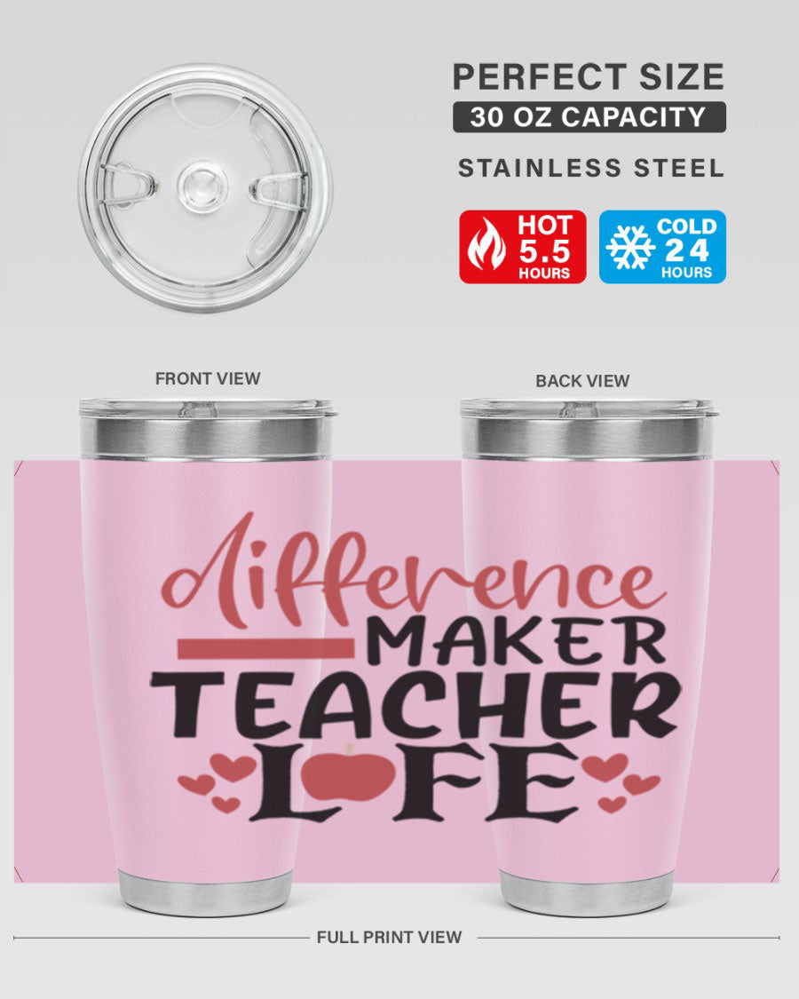 Difference Maker Teacher Lifestyle Tumbler in stainless steel with a drink-thru lid, perfect for teachers.