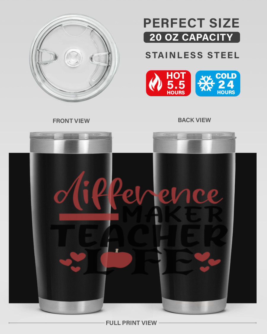 Difference Maker Teacher Lifestyle Tumbler in stainless steel with a drink-thru lid, perfect for teachers.
