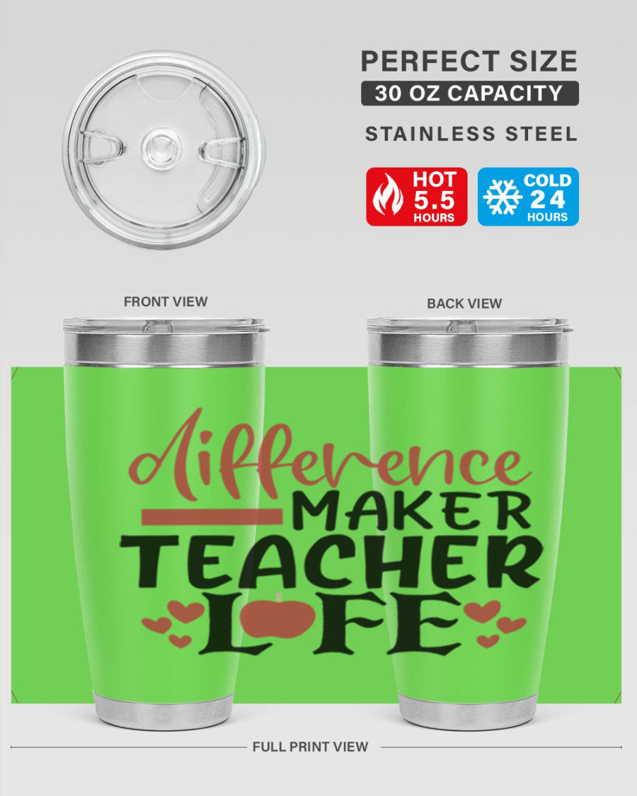 20oz Difference Maker Teacher tumbler made of stainless steel with a copper lining, featuring a drink-thru lid, ideal for hot and cold beverages.