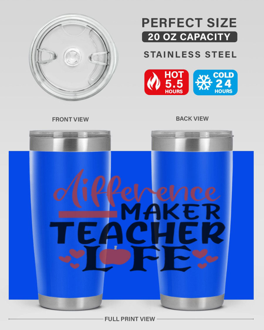 20oz Difference Maker Teacher tumbler made of stainless steel with a copper lining, featuring a drink-thru lid, ideal for hot and cold beverages.