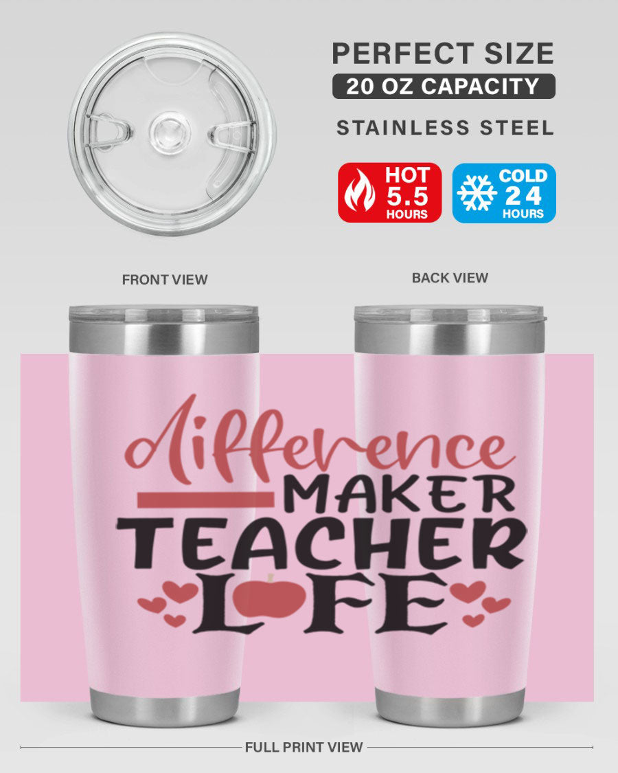 20oz Difference Maker Teacher tumbler made of stainless steel with a copper lining, featuring a drink-thru lid, ideal for hot and cold beverages.