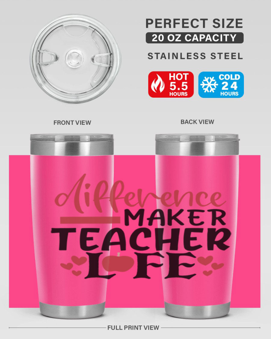 20oz Difference Maker Teacher tumbler made of stainless steel with a copper lining, featuring a drink-thru lid, ideal for hot and cold beverages.