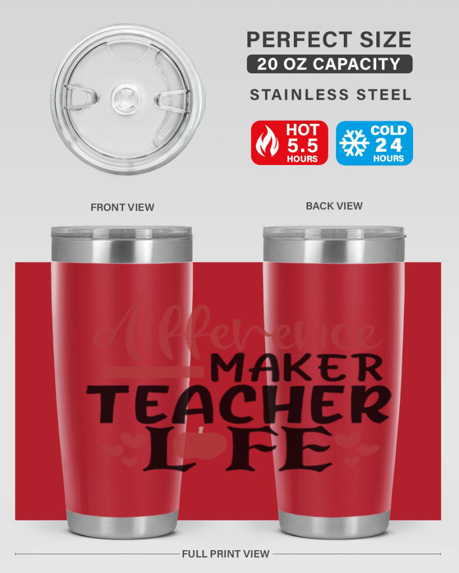 20oz Difference Maker Teacher tumbler made of stainless steel with a copper lining, featuring a drink-thru lid, ideal for hot and cold beverages.