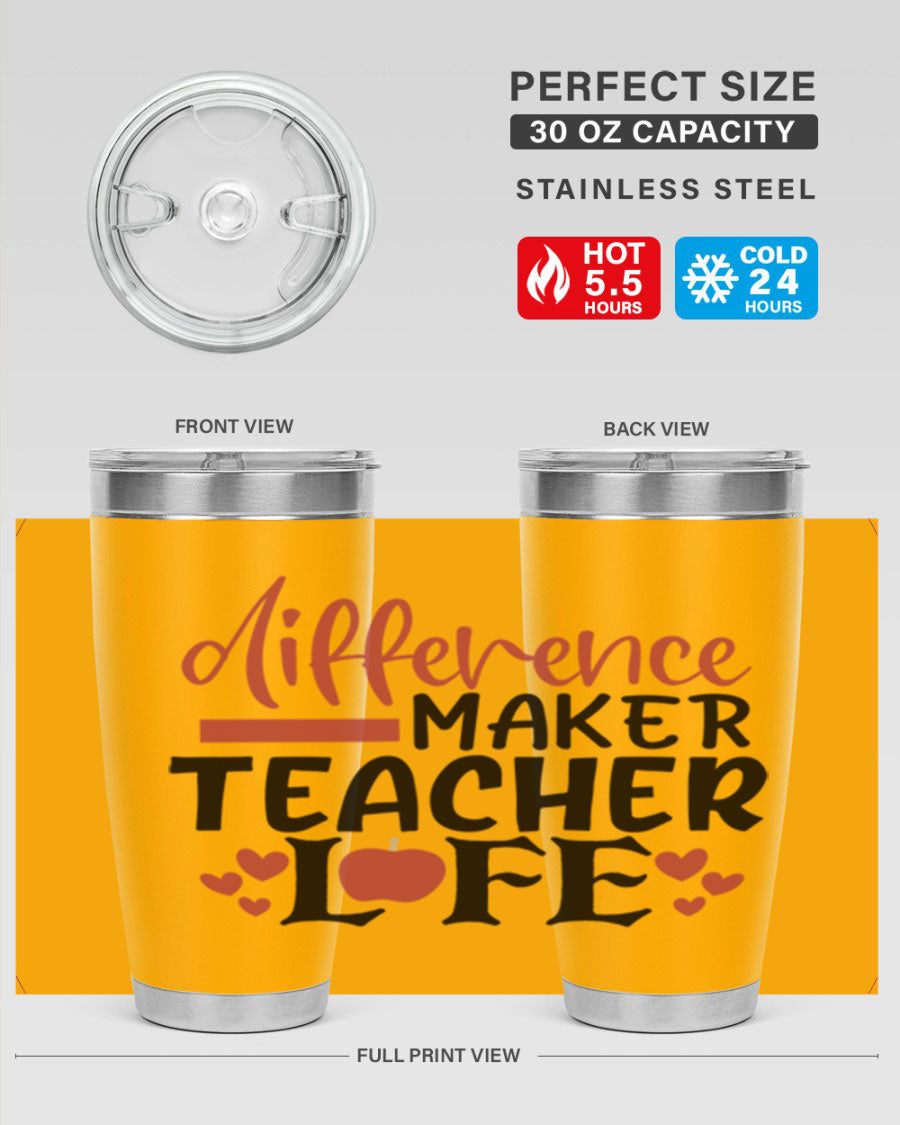 20oz Difference Maker Teacher tumbler made of stainless steel with a copper lining, featuring a drink-thru lid, ideal for hot and cold beverages.
