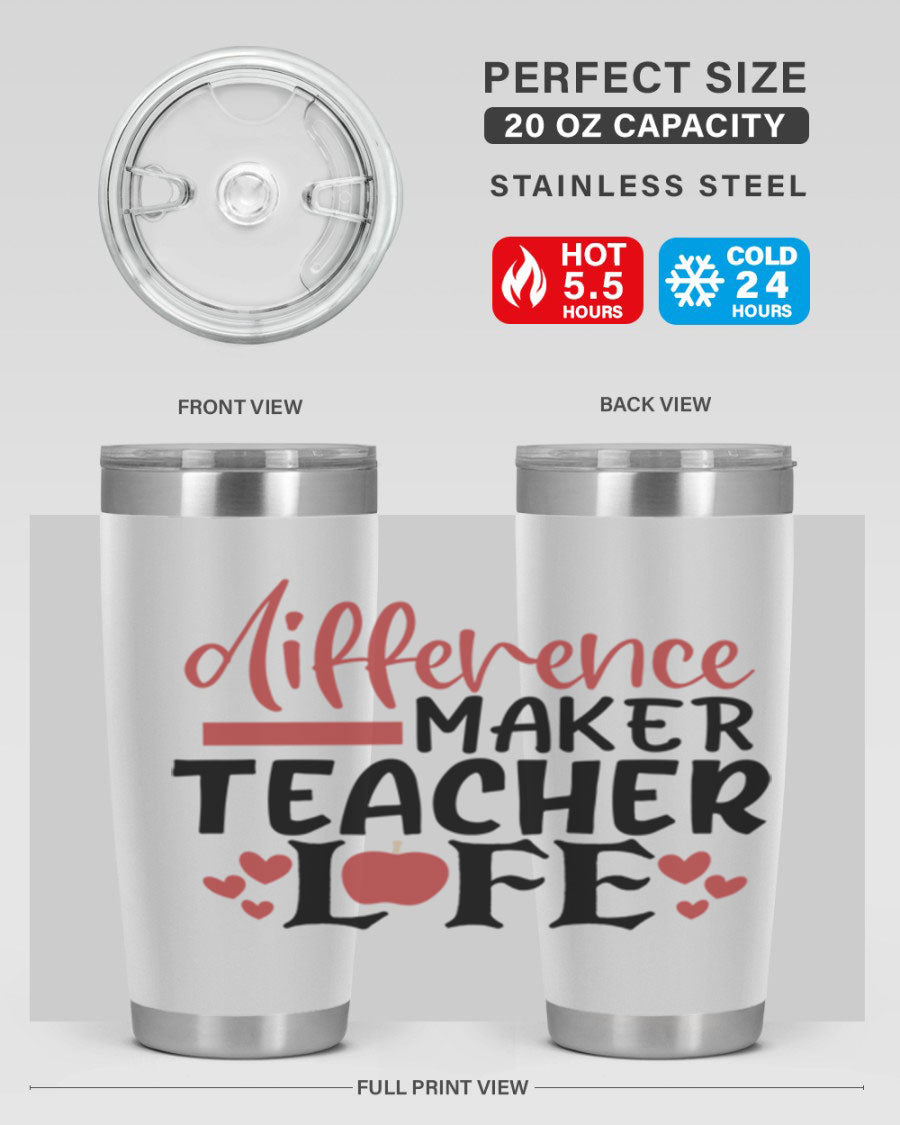 20oz Difference Maker Teacher tumbler made of stainless steel with a copper lining, featuring a drink-thru lid, ideal for hot and cold beverages.