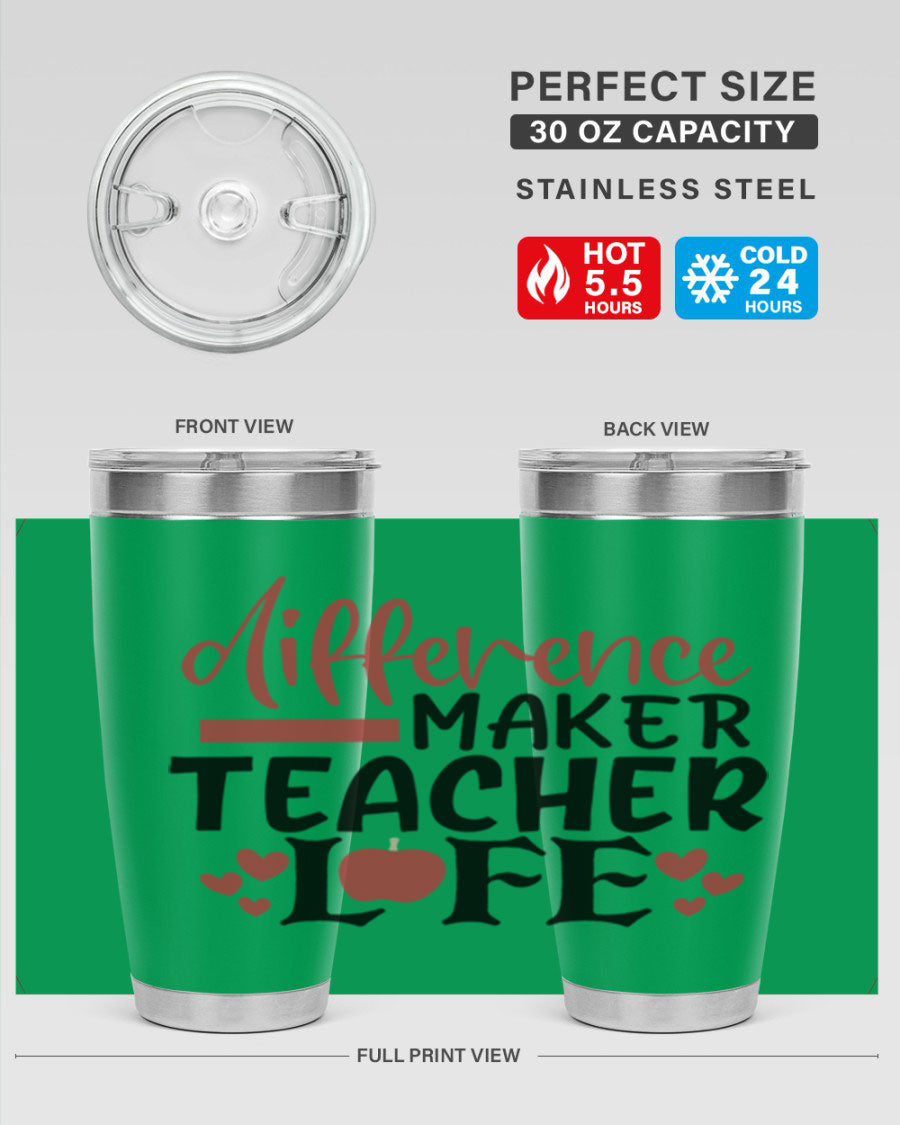 20oz Difference Maker Teacher tumbler made of stainless steel with a copper lining, featuring a drink-thru lid, ideal for hot and cold beverages.