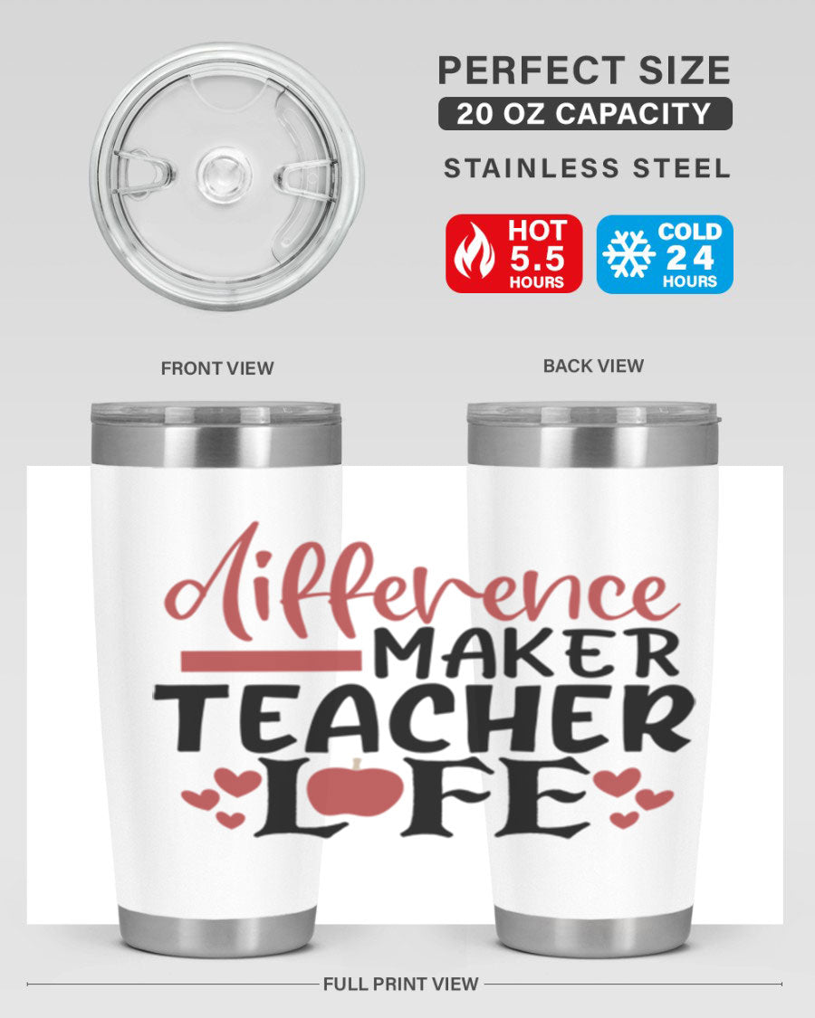 20oz Difference Maker Teacher tumbler made of stainless steel with a copper lining, featuring a drink-thru lid, ideal for hot and cold beverages.