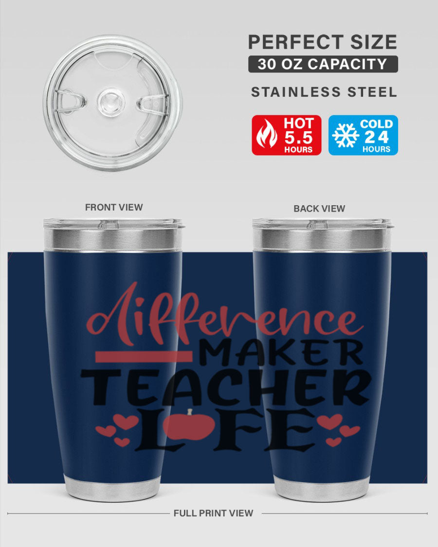 20oz Difference Maker Teacher tumbler made of stainless steel with a copper lining, featuring a drink-thru lid, ideal for hot and cold beverages.