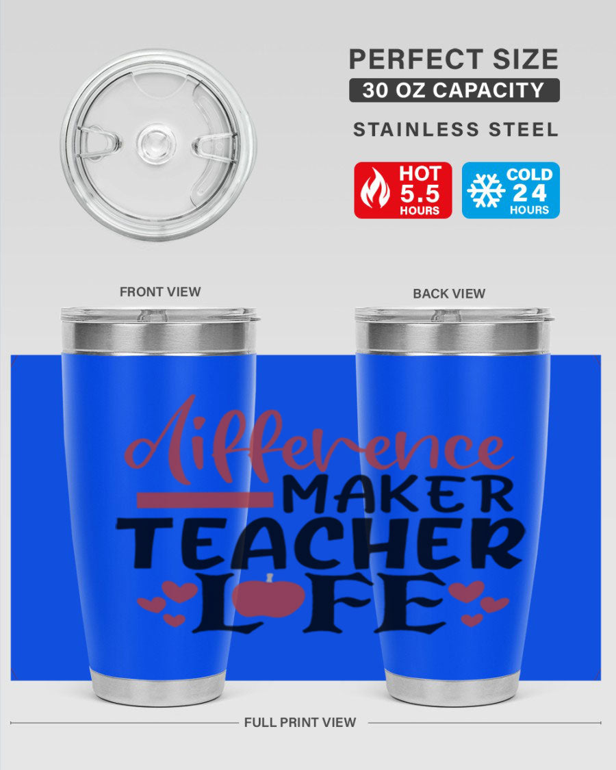 20oz Difference Maker Teacher tumbler made of stainless steel with a copper lining, featuring a drink-thru lid, ideal for hot and cold beverages.
