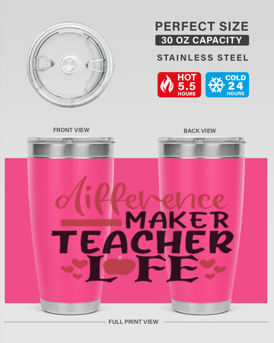 20oz Difference Maker Teacher tumbler made of stainless steel with a copper lining, featuring a drink-thru lid, ideal for hot and cold beverages.