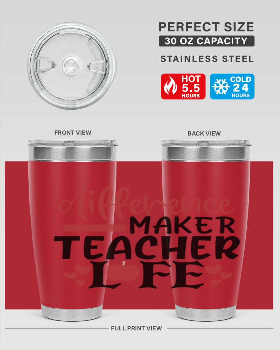 20oz Difference Maker Teacher tumbler made of stainless steel with a copper lining, featuring a drink-thru lid, ideal for hot and cold beverages.