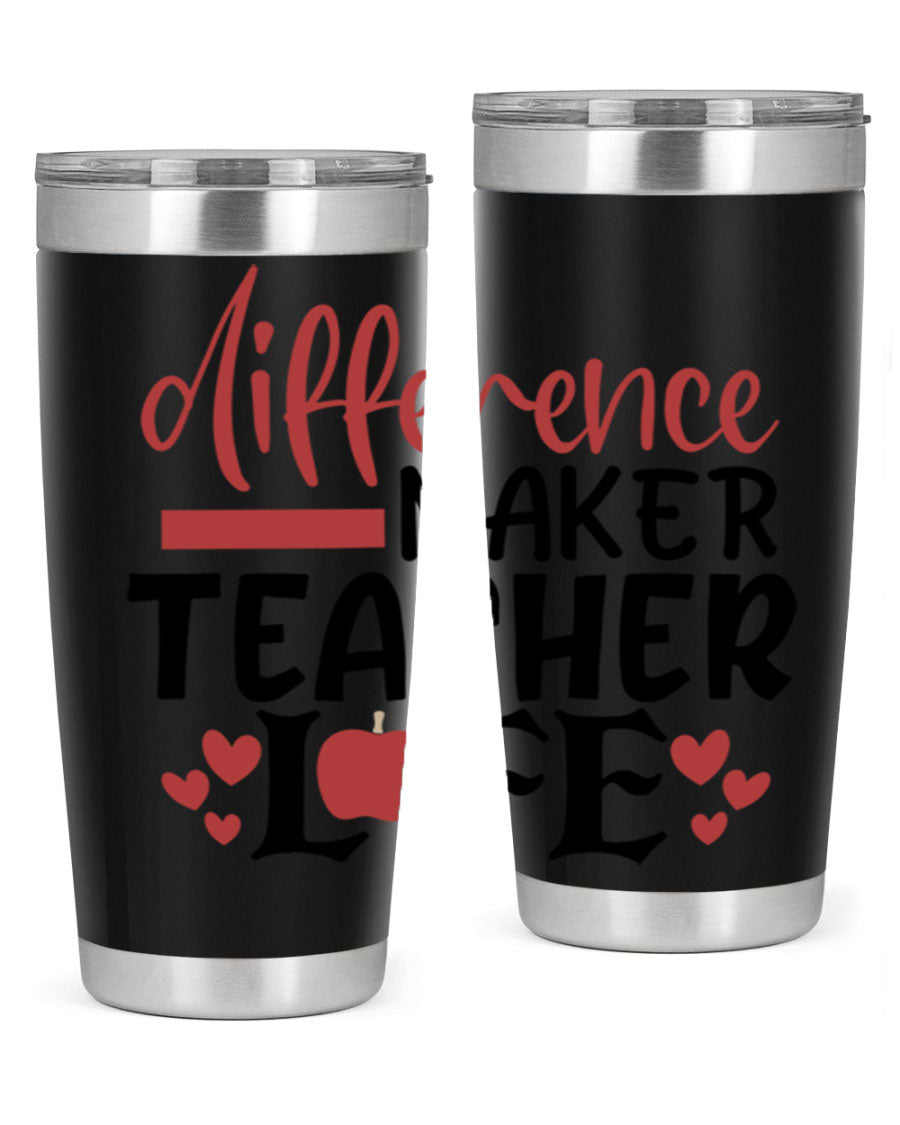 20oz Difference Maker Teacher tumbler made of stainless steel with a copper lining, featuring a drink-thru lid, ideal for hot and cold beverages.