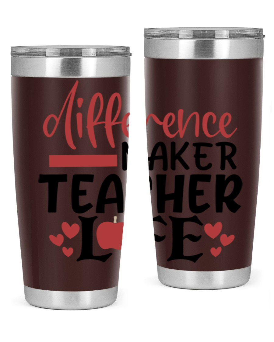 20oz Difference Maker Teacher tumbler made of stainless steel with a copper lining, featuring a drink-thru lid, ideal for hot and cold beverages.