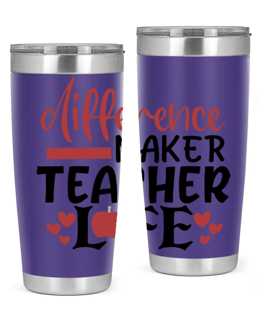 20oz Difference Maker Teacher tumbler made of stainless steel with a copper lining, featuring a drink-thru lid, ideal for hot and cold beverages.