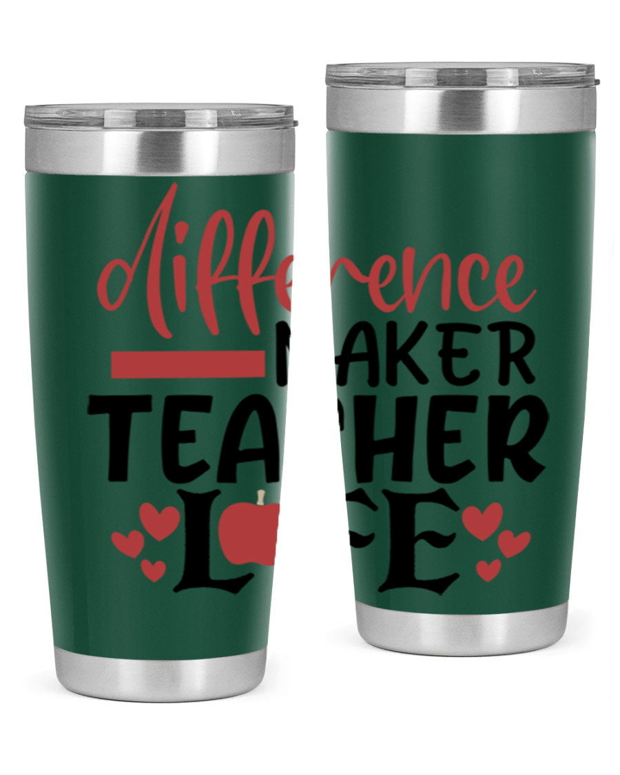20oz Difference Maker Teacher tumbler made of stainless steel with a copper lining, featuring a drink-thru lid, ideal for hot and cold beverages.