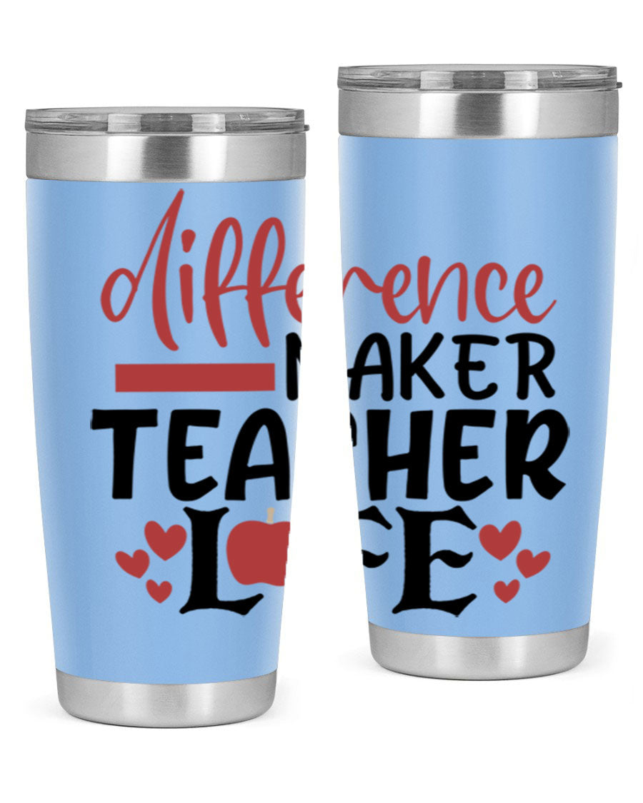 20oz Difference Maker Teacher tumbler made of stainless steel with a copper lining, featuring a drink-thru lid, ideal for hot and cold beverages.