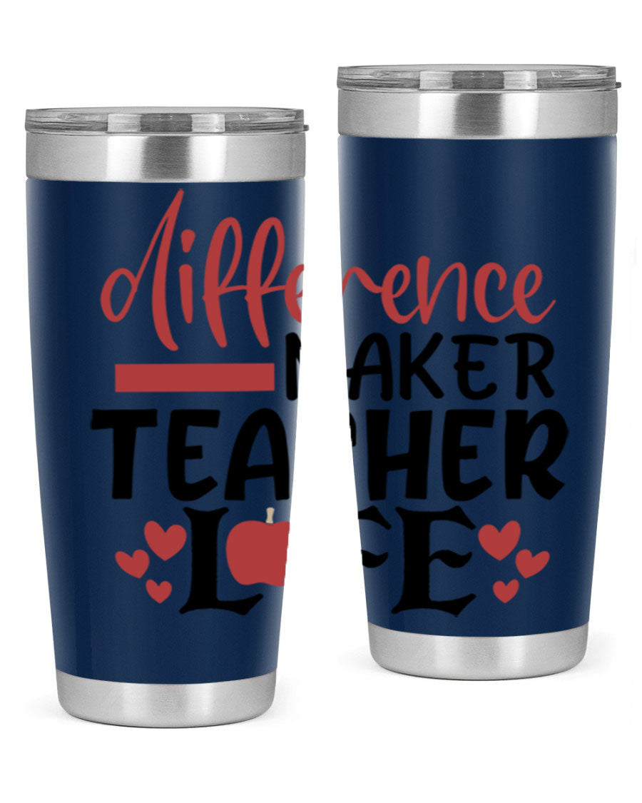 20oz Difference Maker Teacher tumbler made of stainless steel with a copper lining, featuring a drink-thru lid, ideal for hot and cold beverages.