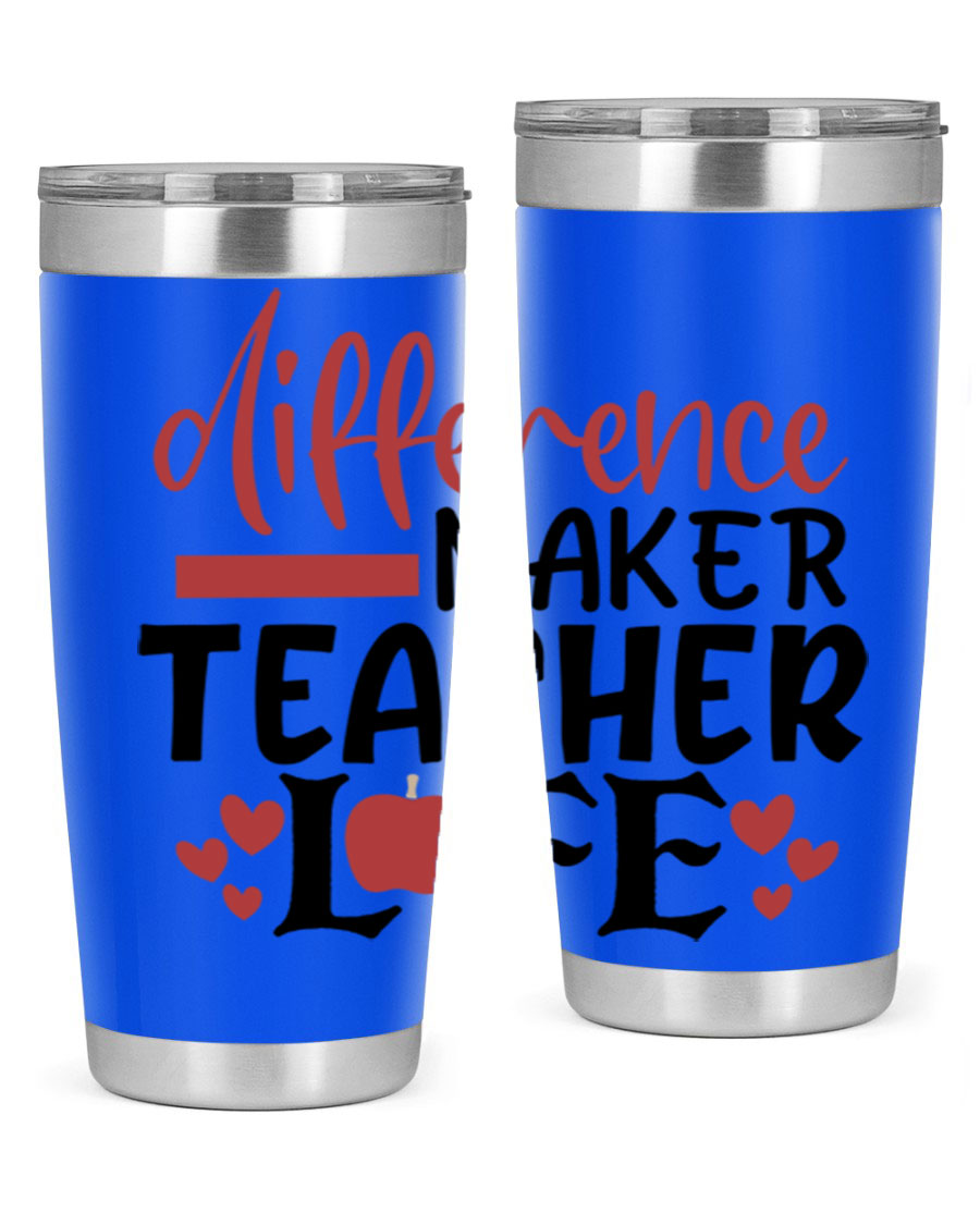 20oz Difference Maker Teacher tumbler made of stainless steel with a copper lining, featuring a drink-thru lid, ideal for hot and cold beverages.