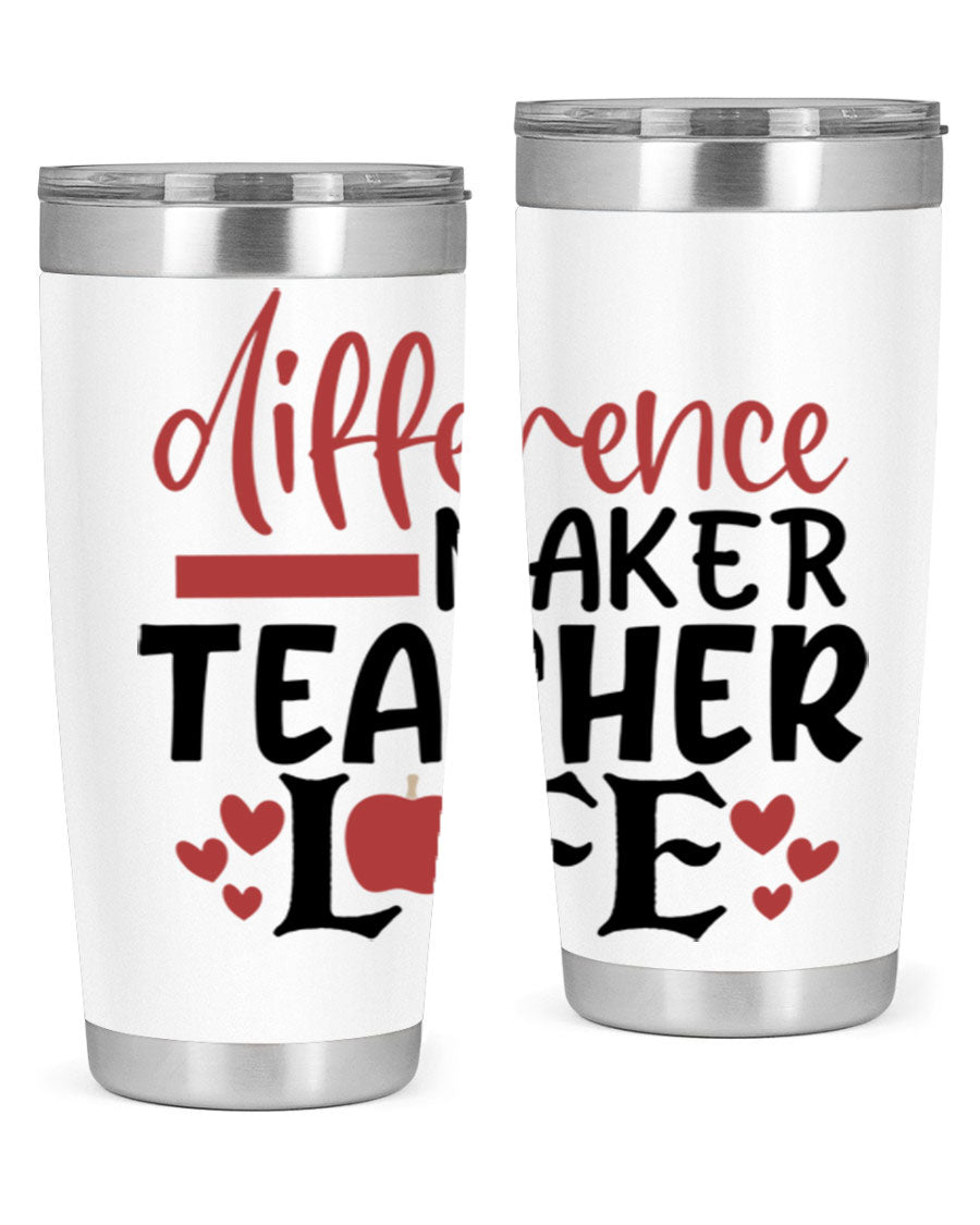 20oz Difference Maker Teacher tumbler made of stainless steel with a copper lining, featuring a drink-thru lid, ideal for hot and cold beverages.