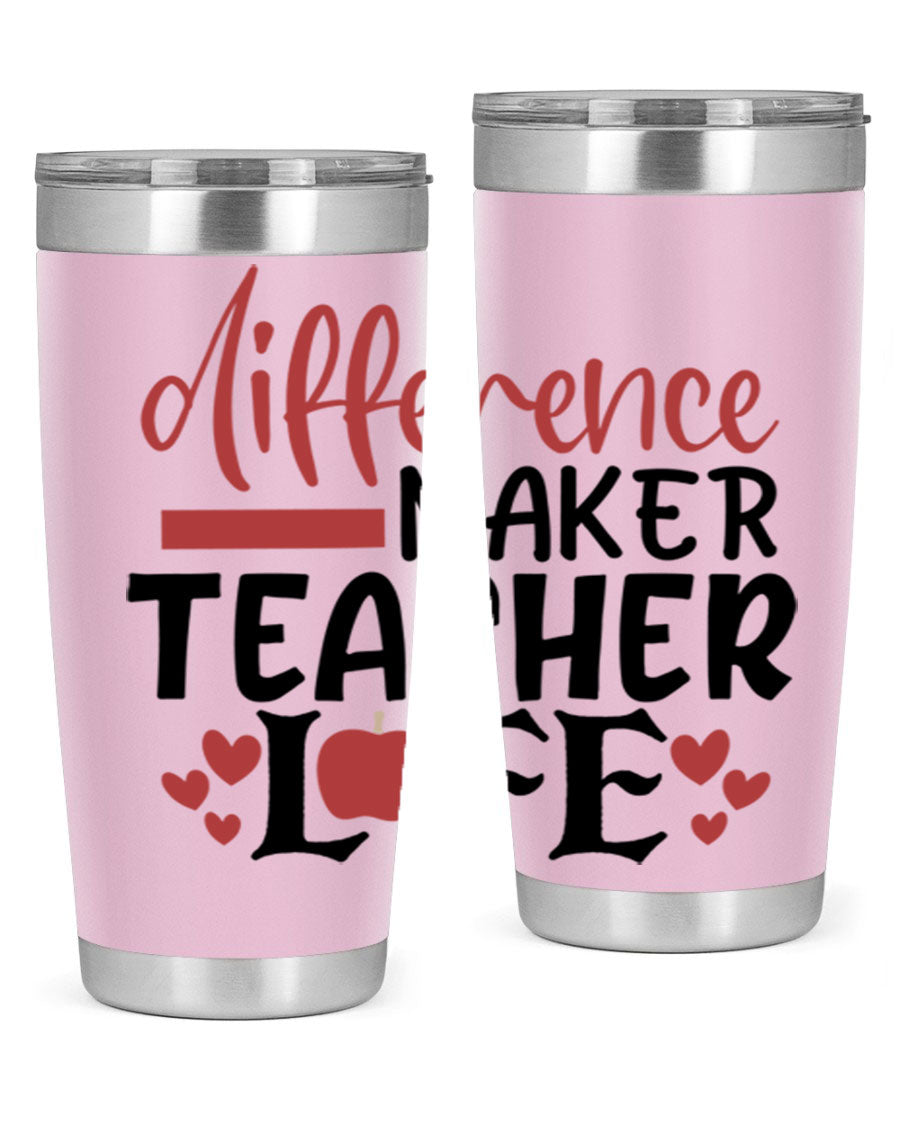 20oz Difference Maker Teacher tumbler made of stainless steel with a copper lining, featuring a drink-thru lid, ideal for hot and cold beverages.
