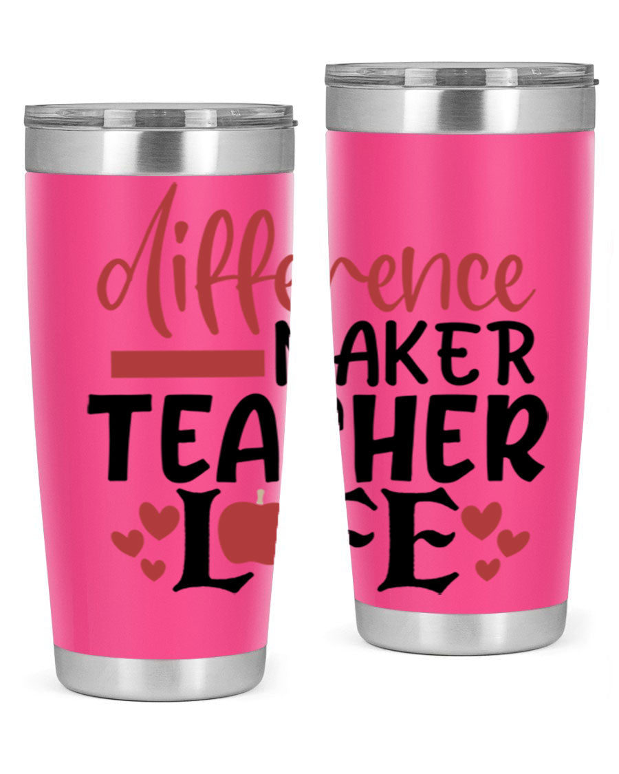 20oz Difference Maker Teacher tumbler made of stainless steel with a copper lining, featuring a drink-thru lid, ideal for hot and cold beverages.