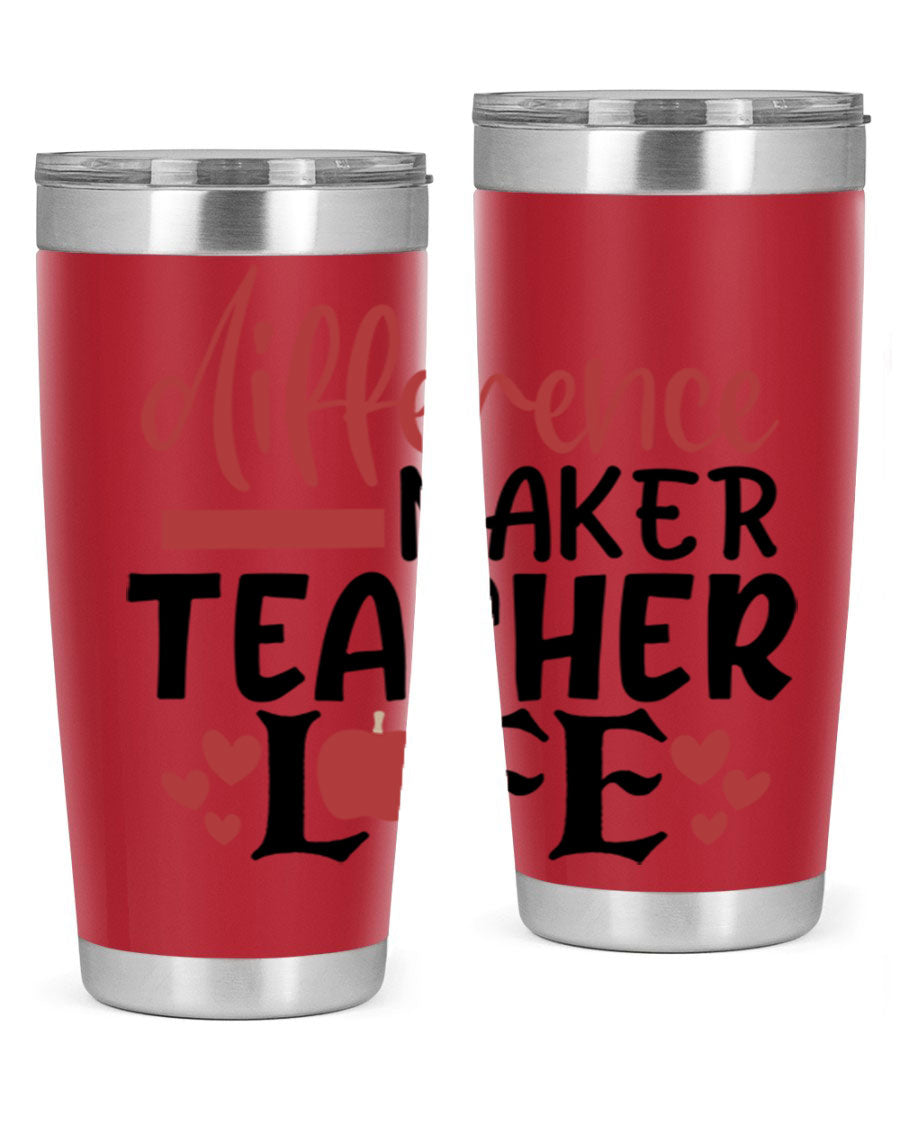20oz Difference Maker Teacher tumbler made of stainless steel with a copper lining, featuring a drink-thru lid, ideal for hot and cold beverages.