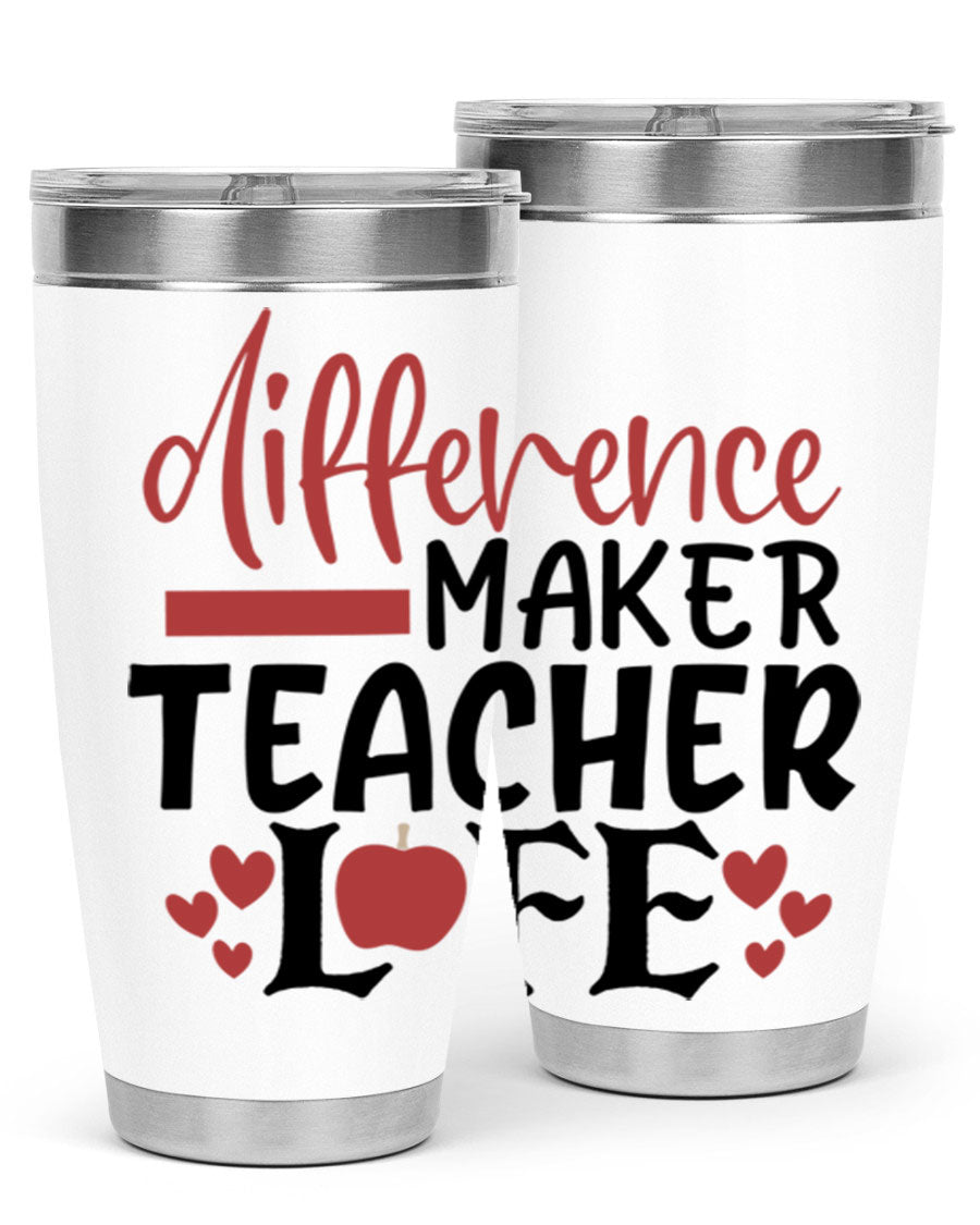 20oz Difference Maker Teacher tumbler made of stainless steel with a copper lining, featuring a drink-thru lid, ideal for hot and cold beverages.