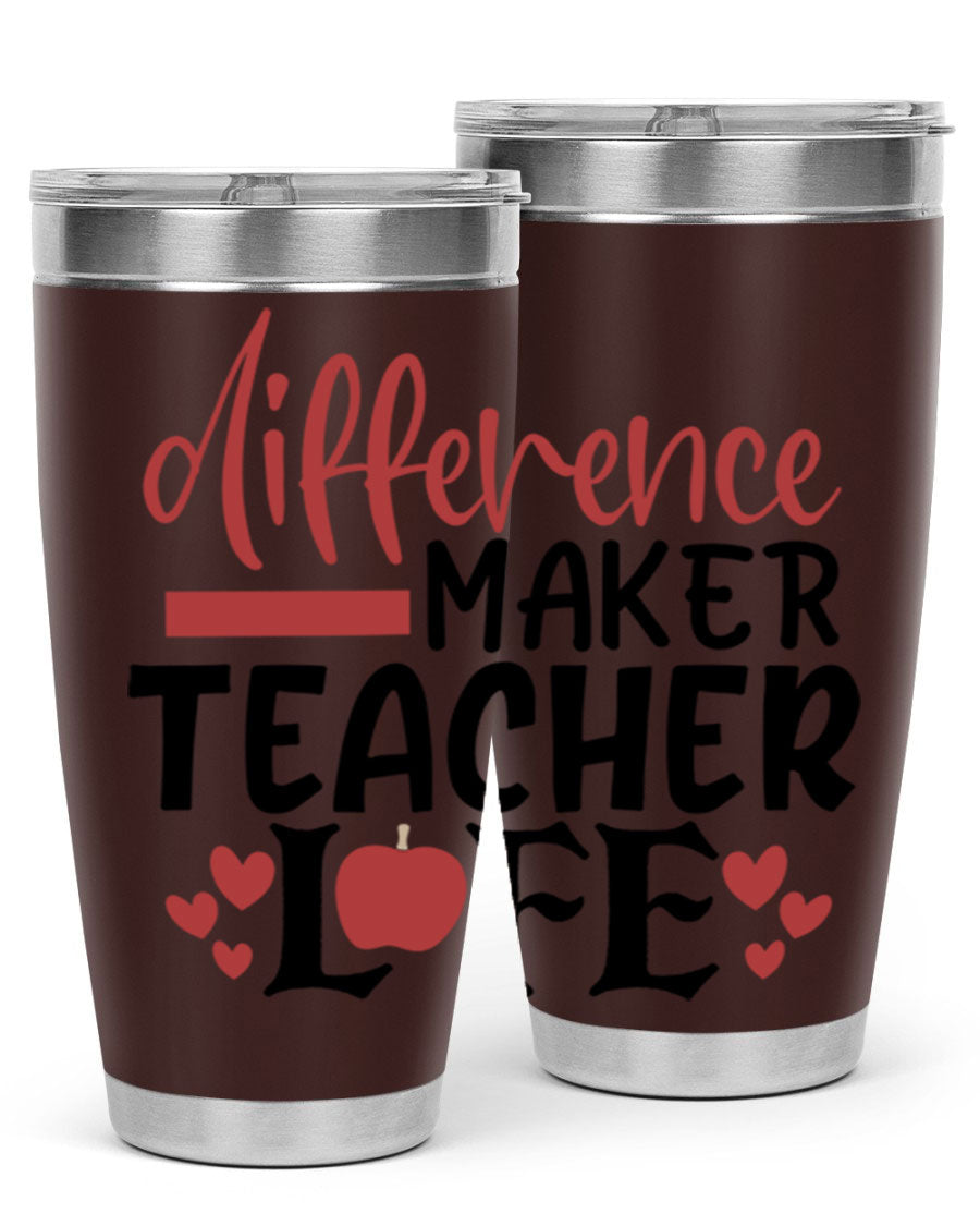 20oz Difference Maker Teacher tumbler made of stainless steel with a copper lining, featuring a drink-thru lid, ideal for hot and cold beverages.