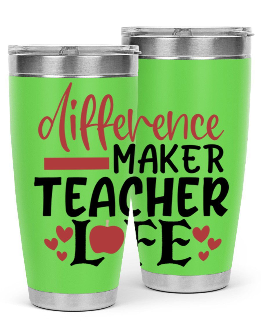 20oz Difference Maker Teacher tumbler made of stainless steel with a copper lining, featuring a drink-thru lid, ideal for hot and cold beverages.