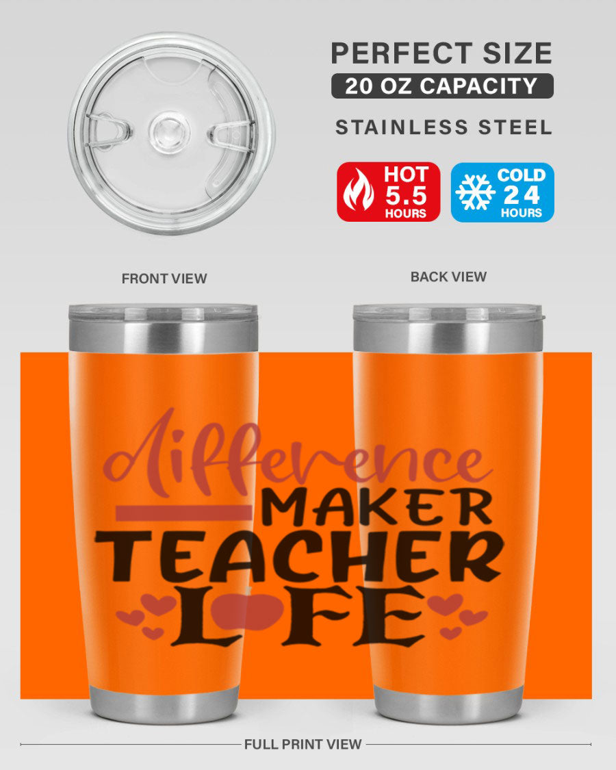 20oz Difference Maker Teacher tumbler made of stainless steel with a copper lining, featuring a drink-thru lid, ideal for hot and cold beverages.