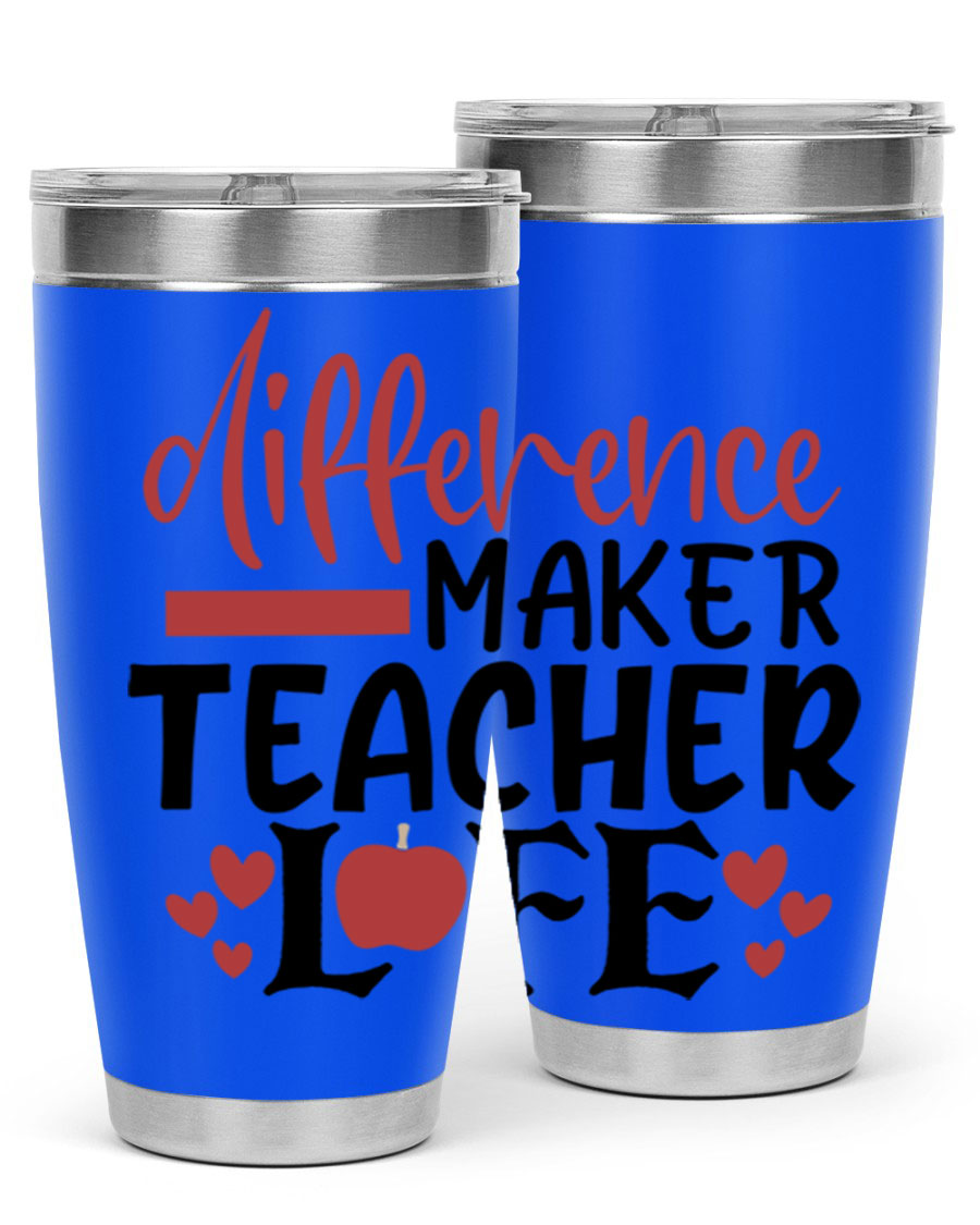 20oz Difference Maker Teacher tumbler made of stainless steel with a copper lining, featuring a drink-thru lid, ideal for hot and cold beverages.