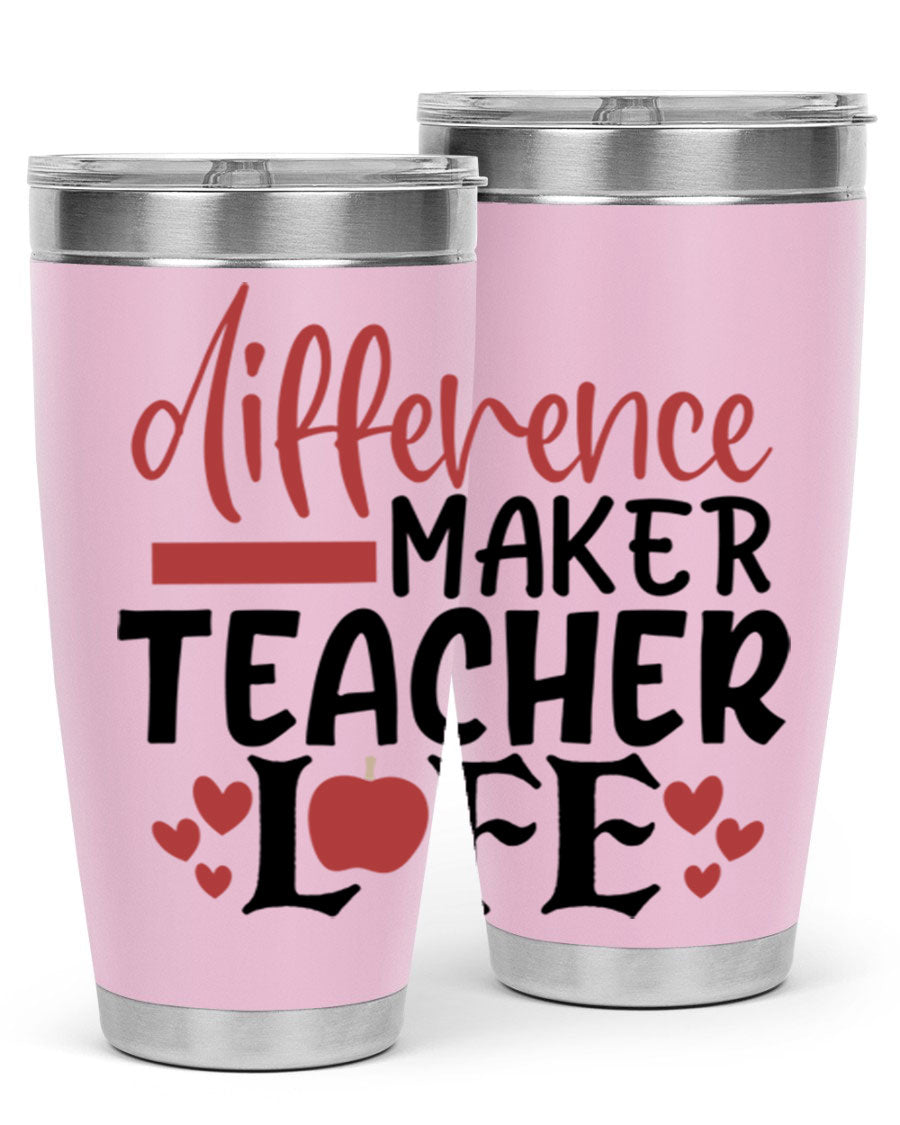 20oz Difference Maker Teacher tumbler made of stainless steel with a copper lining, featuring a drink-thru lid, ideal for hot and cold beverages.