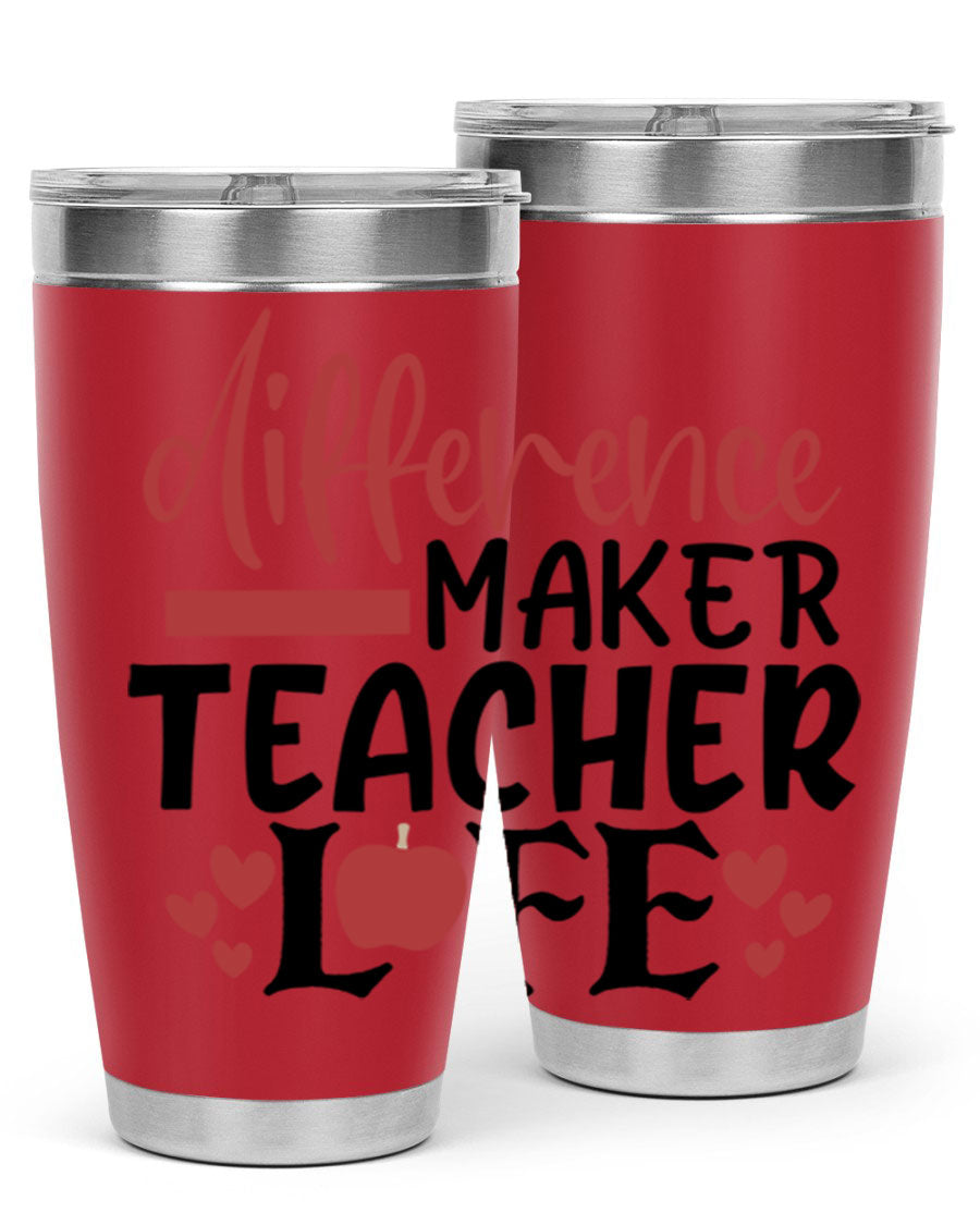 20oz Difference Maker Teacher tumbler made of stainless steel with a copper lining, featuring a drink-thru lid, ideal for hot and cold beverages.