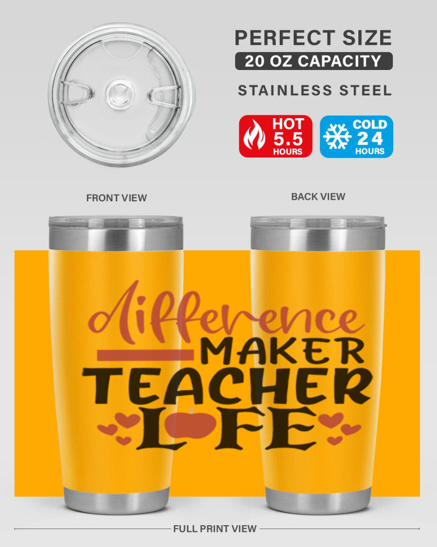 20oz Difference Maker Teacher tumbler made of stainless steel with a copper lining, featuring a drink-thru lid, ideal for hot and cold beverages.
