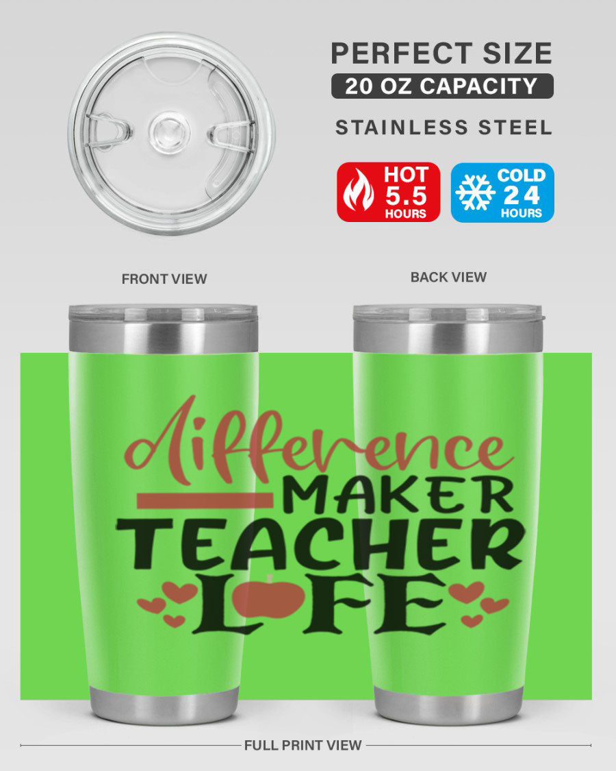 20oz Difference Maker Teacher tumbler made of stainless steel with a copper lining, featuring a drink-thru lid, ideal for hot and cold beverages.
