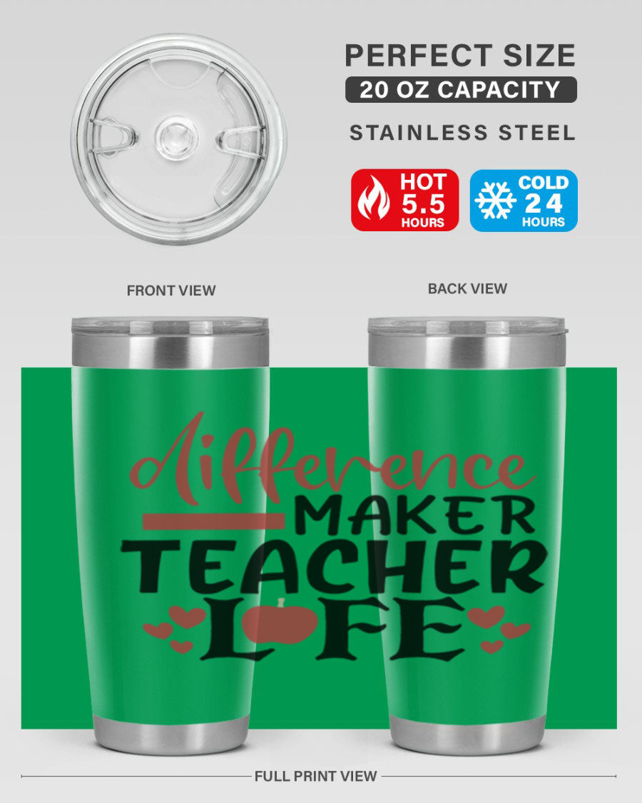 20oz Difference Maker Teacher tumbler made of stainless steel with a copper lining, featuring a drink-thru lid, ideal for hot and cold beverages.