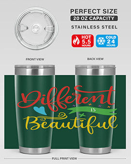 Different is Beautiful Style 11# Autism Tumbler showcasing vibrant design and stainless steel construction, perfect for hot and cold beverages.