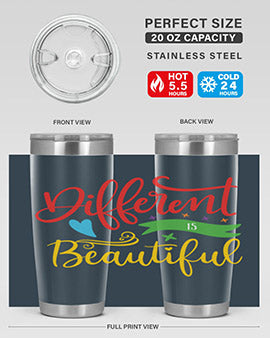 Different is Beautiful Style 11# Autism Tumbler showcasing vibrant design and stainless steel construction, perfect for hot and cold beverages.