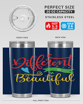 Different is Beautiful Style 11# Autism Tumbler showcasing vibrant design and stainless steel construction, perfect for hot and cold beverages.