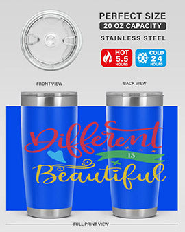 Different is Beautiful Style 11# Autism Tumbler showcasing vibrant design and stainless steel construction, perfect for hot and cold beverages.
