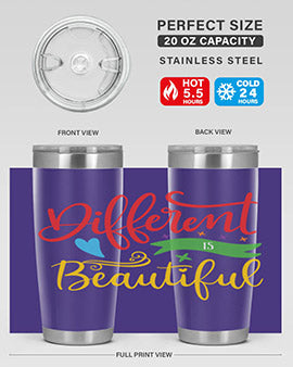 Different is Beautiful Style 11# Autism Tumbler showcasing vibrant design and stainless steel construction, perfect for hot and cold beverages.
