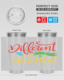 Different is Beautiful Style 11# Autism Tumbler showcasing vibrant design and stainless steel construction, perfect for hot and cold beverages.