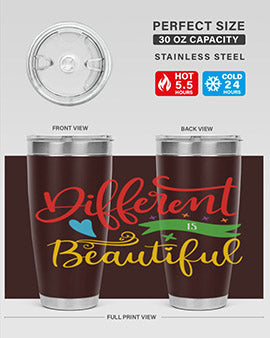 Different is Beautiful Style 11# Autism Tumbler showcasing vibrant design and stainless steel construction, perfect for hot and cold beverages.