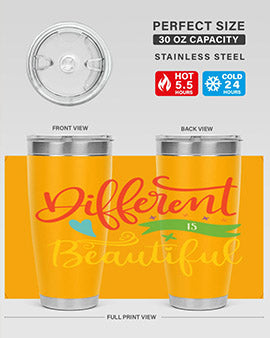 Different is Beautiful Style 11# Autism Tumbler showcasing vibrant design and stainless steel construction, perfect for hot and cold beverages.