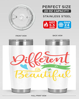 Different is Beautiful Style 11# Autism Tumbler showcasing vibrant design and stainless steel construction, perfect for hot and cold beverages.