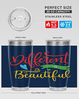 Different is Beautiful Style 11# Autism Tumbler showcasing vibrant design and stainless steel construction, perfect for hot and cold beverages.