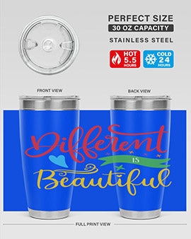 Different is Beautiful Style 11# Autism Tumbler showcasing vibrant design and stainless steel construction, perfect for hot and cold beverages.