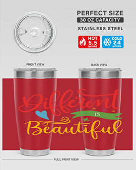 Different is Beautiful Style 11# Autism Tumbler showcasing vibrant design and stainless steel construction, perfect for hot and cold beverages.