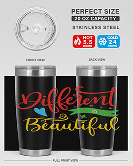 Different is Beautiful Style 11# Autism Tumbler showcasing vibrant design and stainless steel construction, perfect for hot and cold beverages.